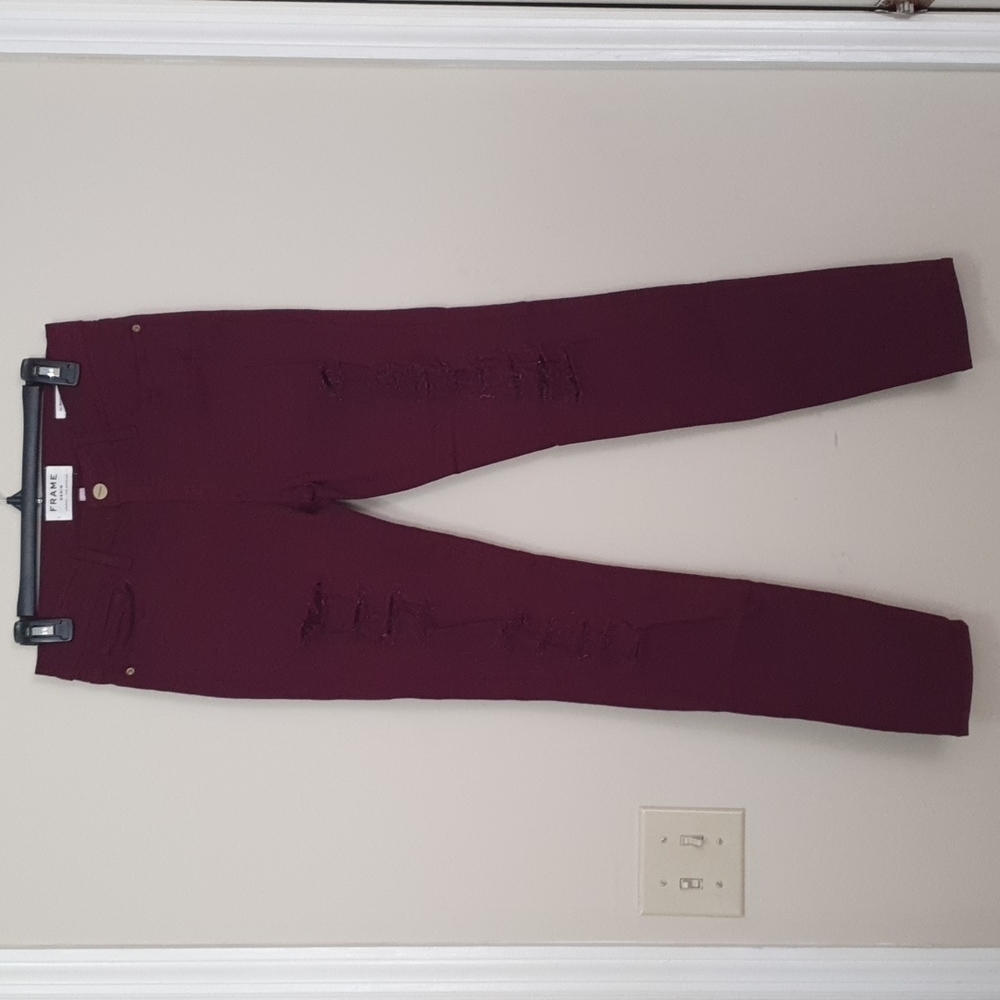 FRAME Midrise Distress Burgundy Funky Skinny Jeans - Picture 3 of 10
